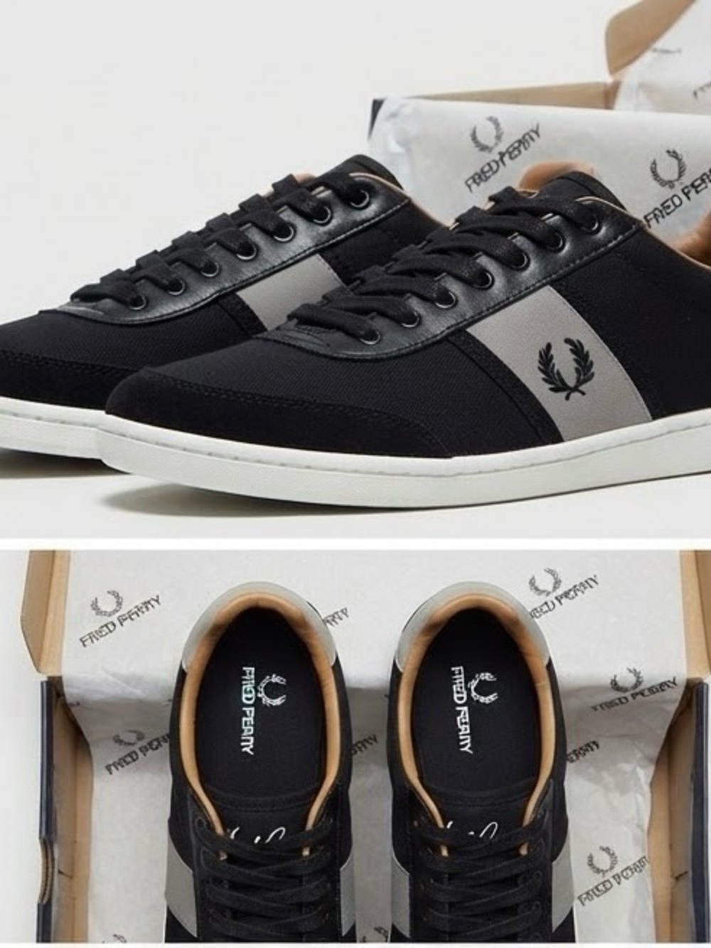 Fred Perry Men’s Black Sneakers with Gray Stripe and Tan Lining